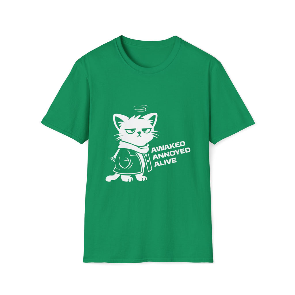 T-Shirt — 'AWAKED ANNOYED ALIVE' Tired Cat Graphic Tee (Tired jokes)