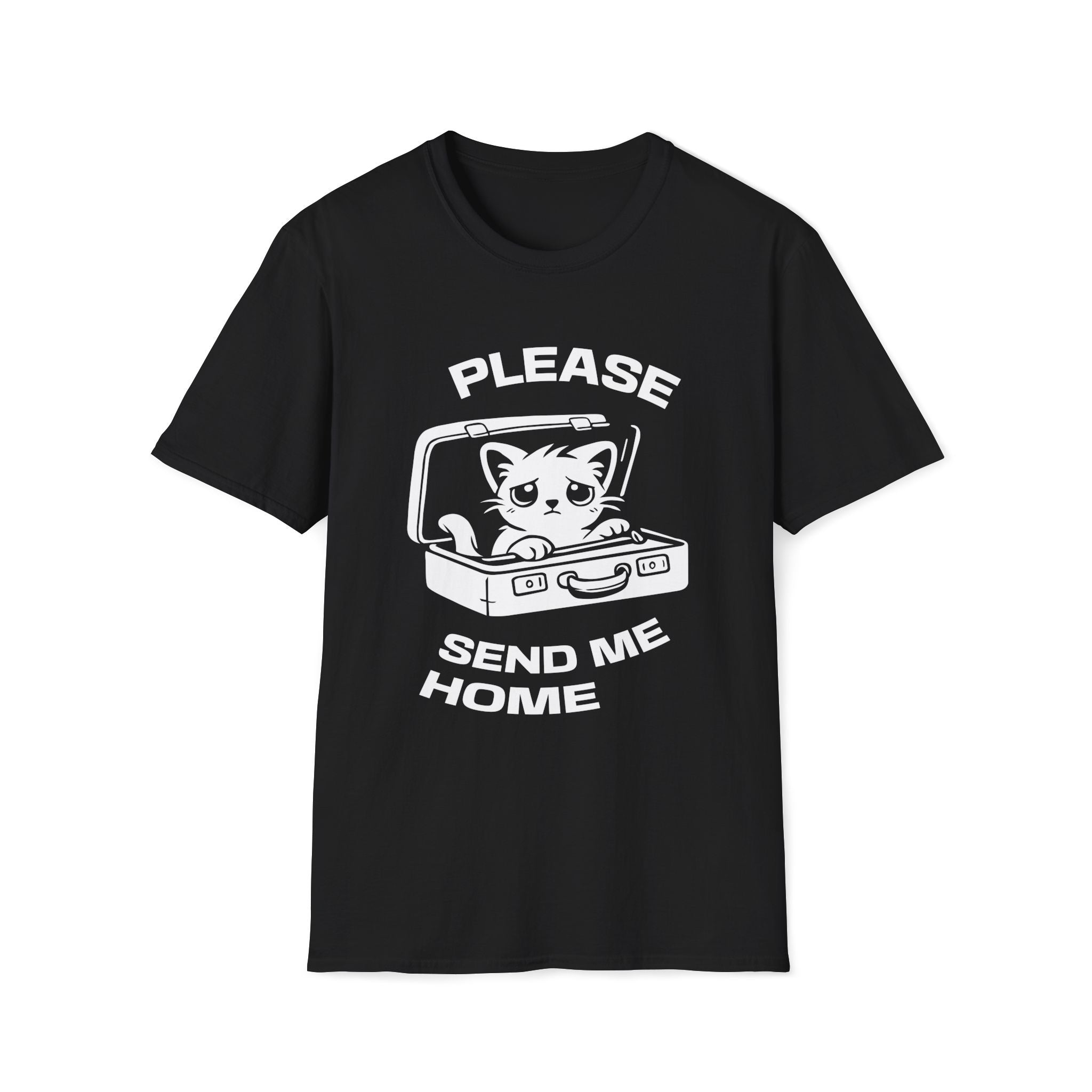 T-Shirt — 'PLEASE SEND ME HOME' Tired Cat Graphic Tee (Tired jokes)