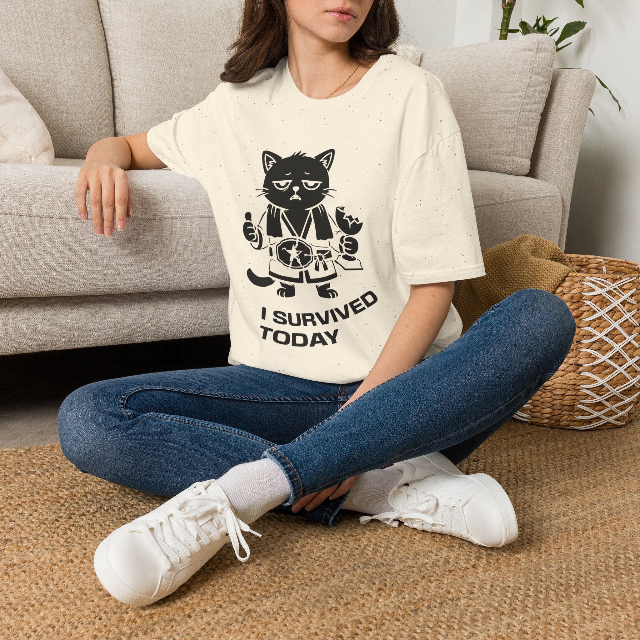 T-Shirt — 'I SURVIVED TODAY' Tired Cat Graphic Tee (Tired jokes)