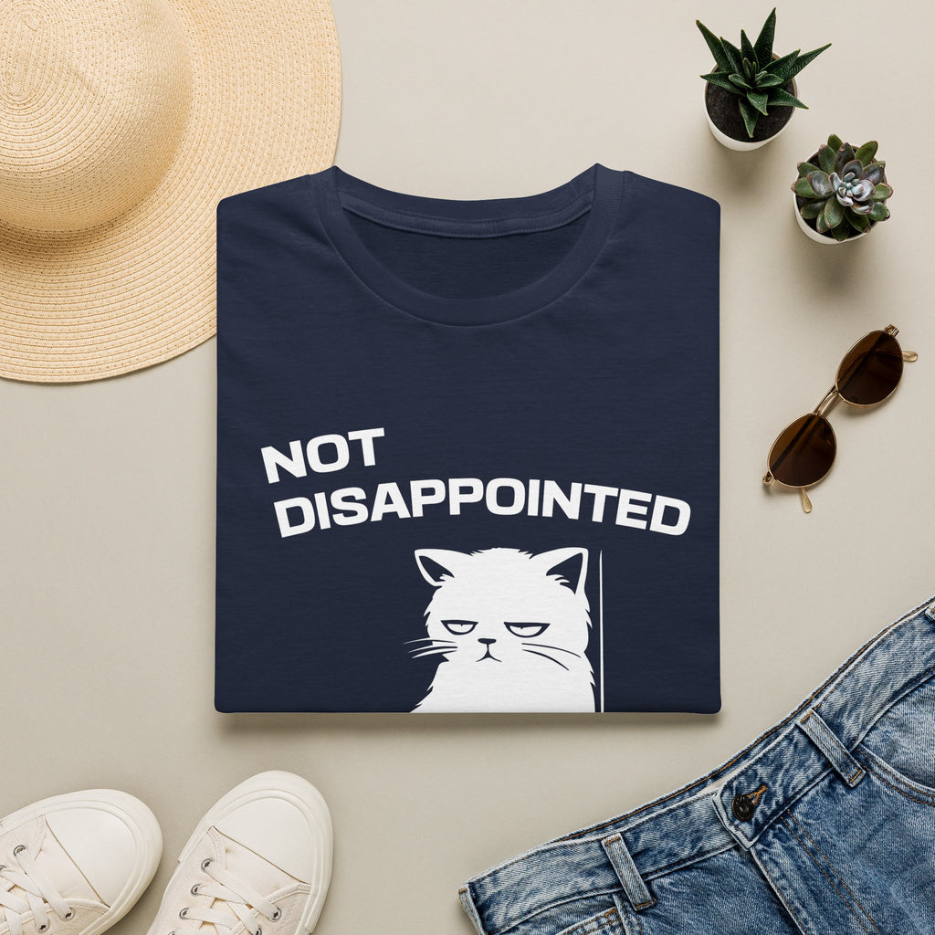 T-Shirt — 'Not Disappointed Just Not Surprised' Tired Cat Graphic Tee (Tired jokes)