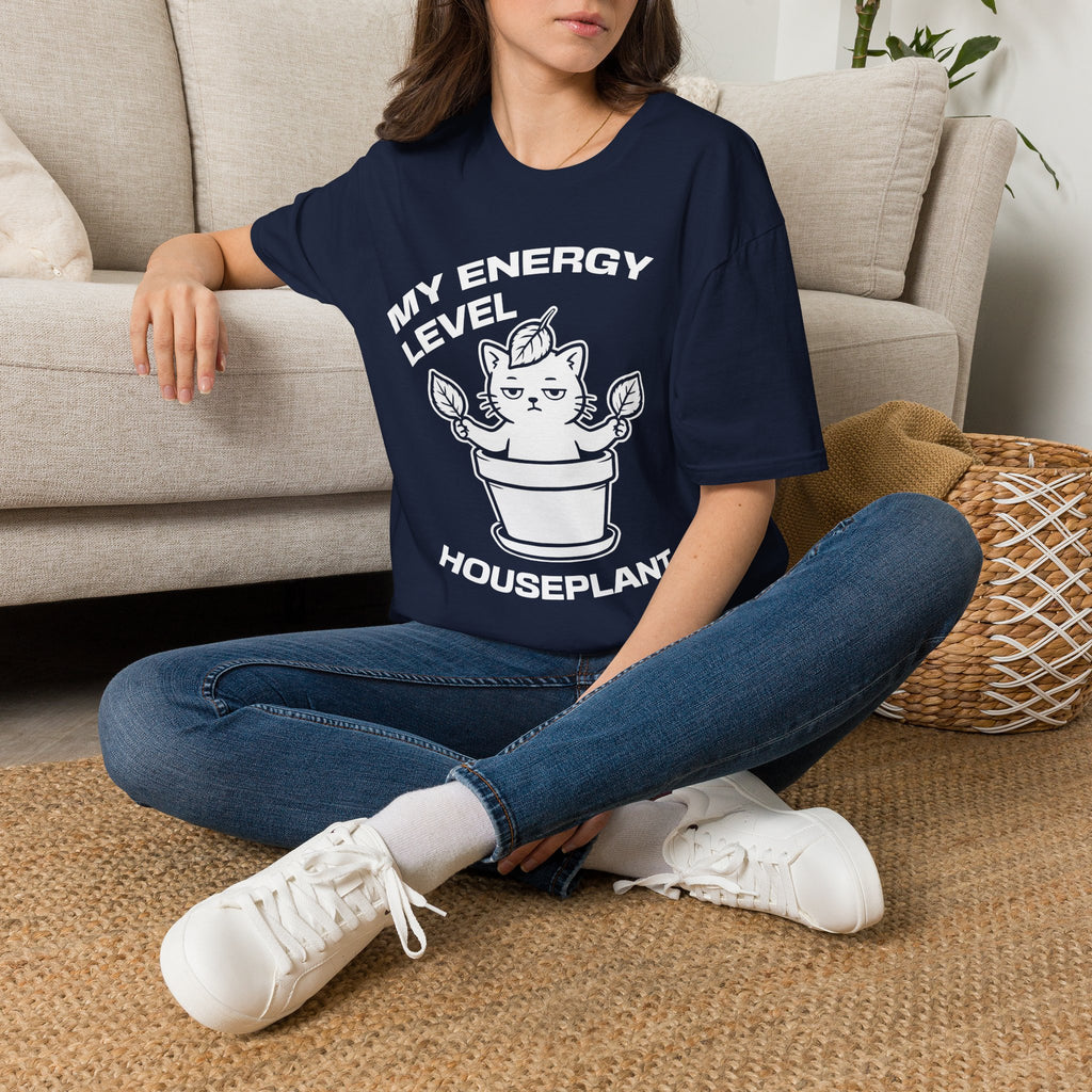 T-Shirt — 'ENERGY LEVEL HOUSEPLANT' Tired Cat Graphic Tee (Tired jokes)