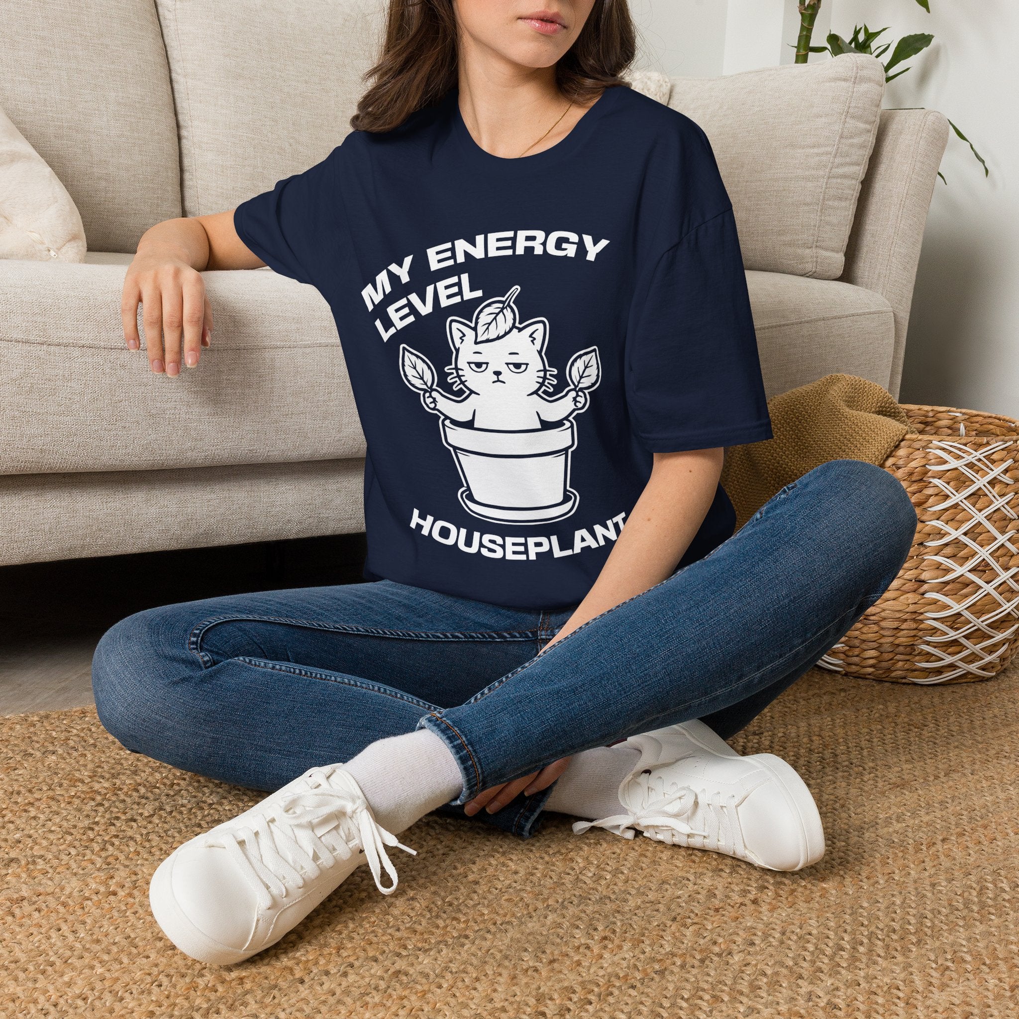 T-Shirt — 'ENERGY LEVEL HOUSEPLANT' Tired Cat Graphic Tee (Tired jokes)