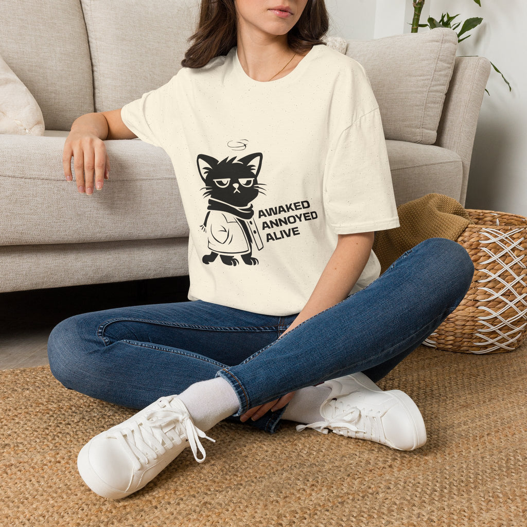 T-Shirt — 'AWAKED ANNOYED ALIVE' Tired Cat Graphic Tee (Tired jokes)