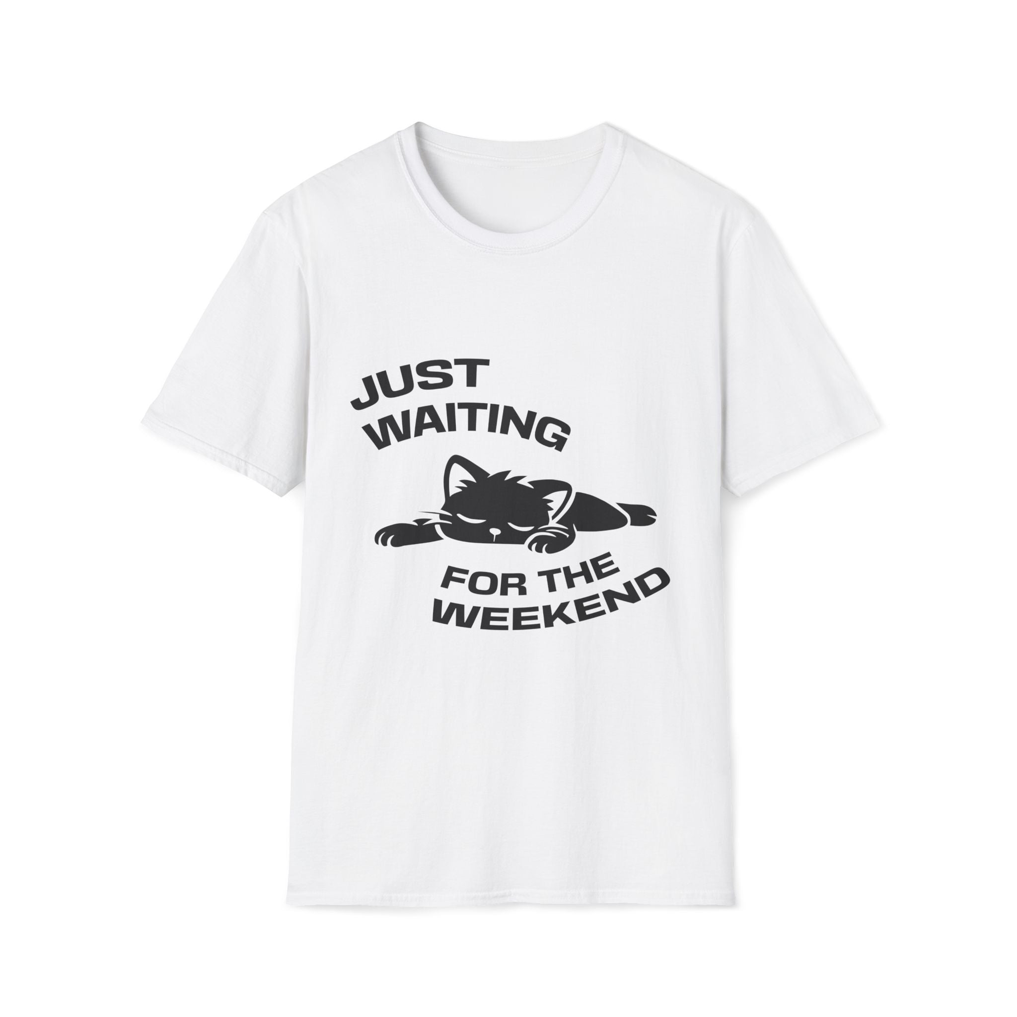 T-Shirt — 'JUST WAITING FOR THE WEEKEND' Tired Cat Graphic Tee (Tired jokes)