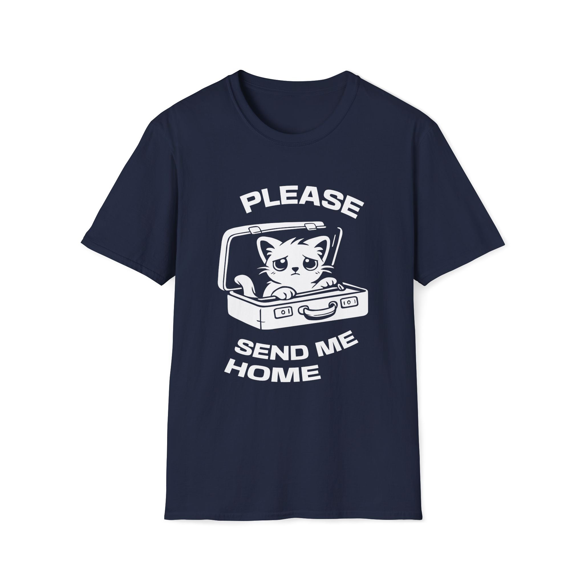 T-Shirt — 'PLEASE SEND ME HOME' Tired Cat Graphic Tee (Tired jokes)