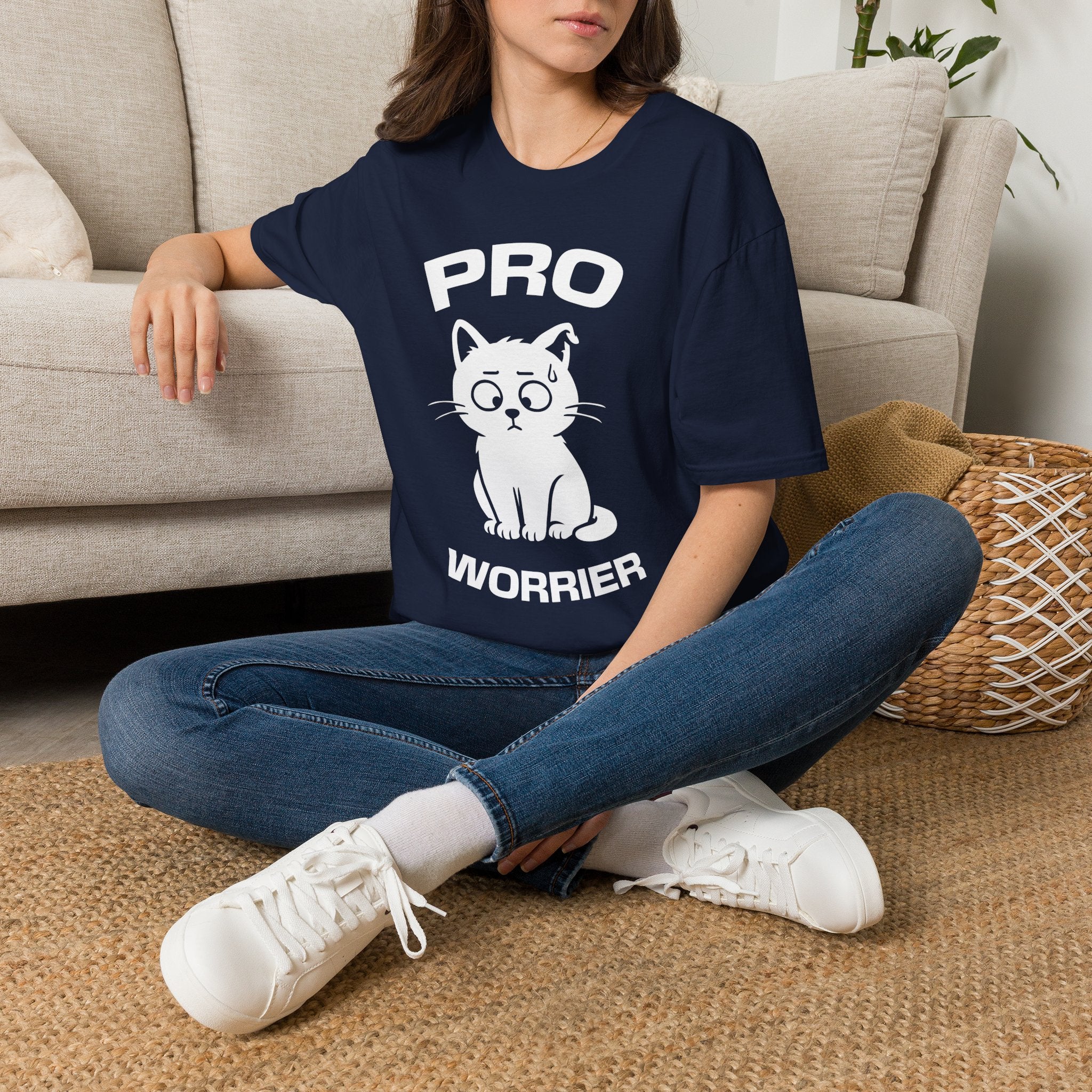 T-Shirt — 'Pro Worrier' Tired Cat Graphic Tee (Tired jokes)