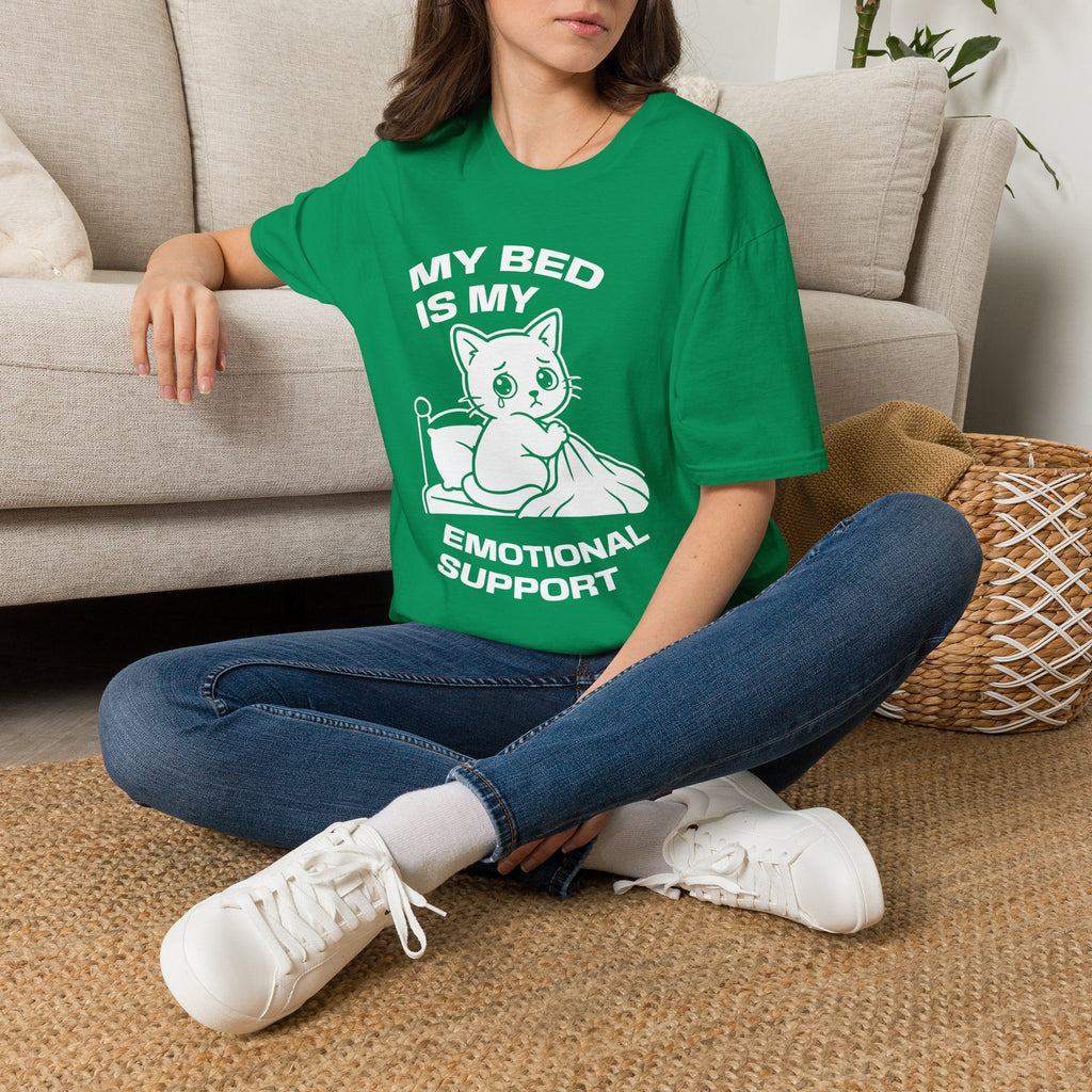 T-Shirt — 'MY BED IS MY EMOTIONAL SUPPORT' Tired Cat Graphic Tee (Tired jokes)