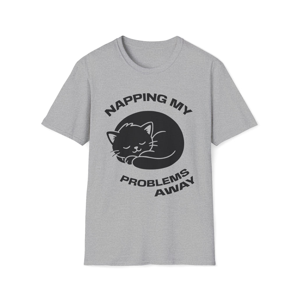 T-Shirt — 'NAPPING MY PROBLEMS AWAY' Tired Cat Graphic Tee (Tired jokes)
