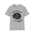 T-Shirt — 'NAPPING MY PROBLEMS AWAY' Tired Cat Graphic Tee (Tired jokes)