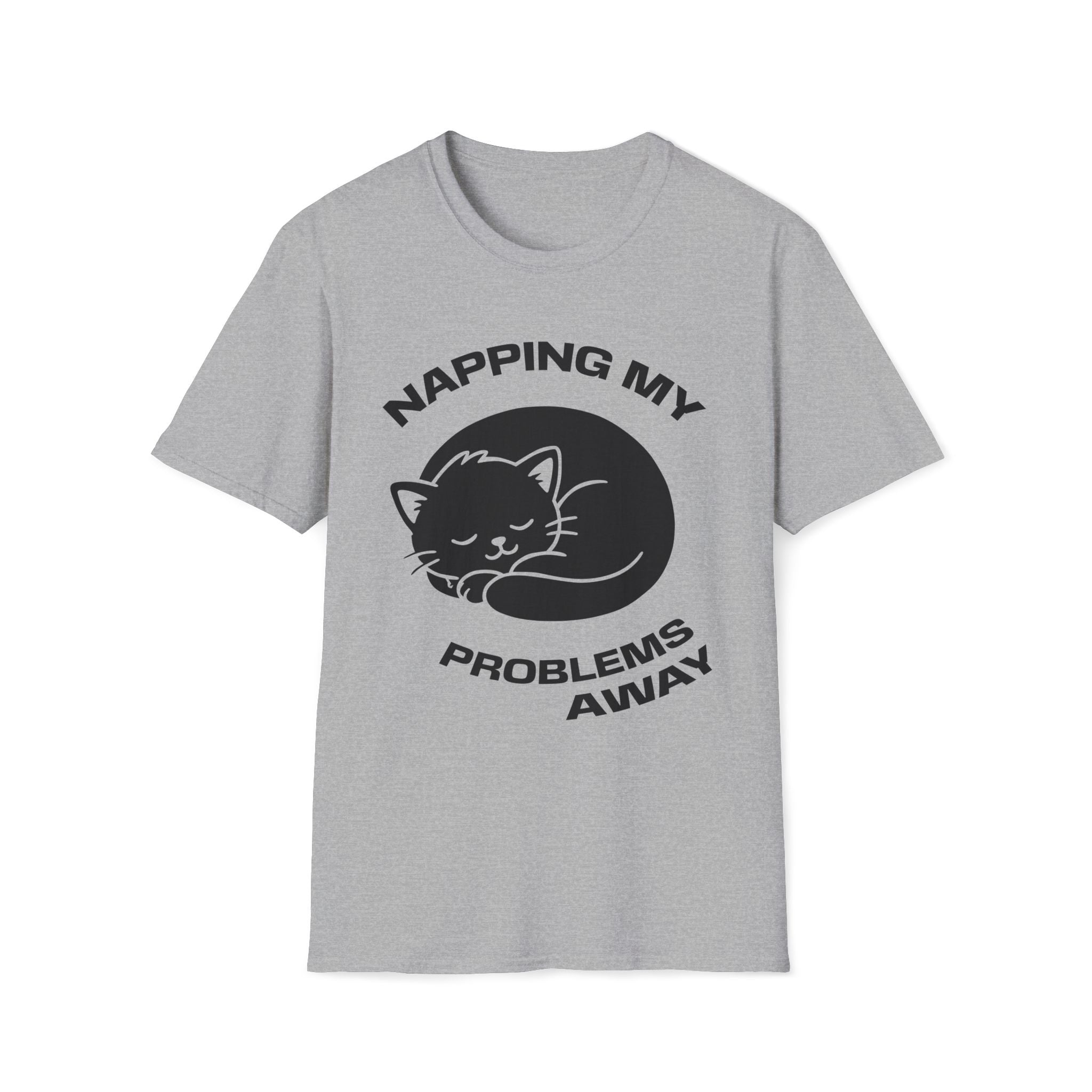 T-Shirt — 'NAPPING MY PROBLEMS AWAY' Tired Cat Graphic Tee (Tired jokes)