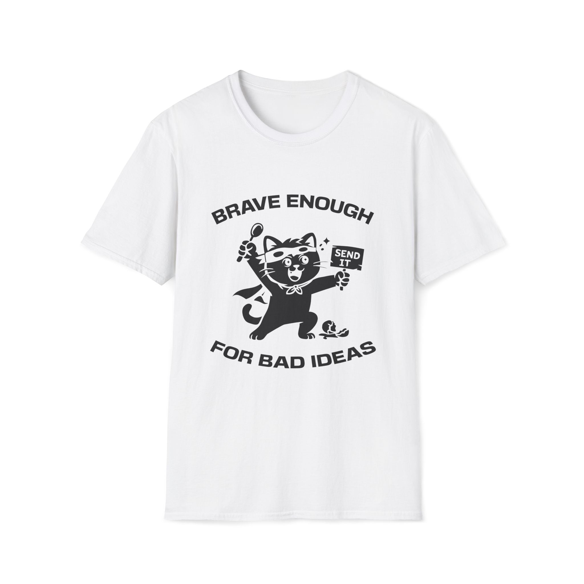 T-Shirt — 'Brave Enough For Bad Ideas' Tired Cat Graphic Tee (Tired jokes)