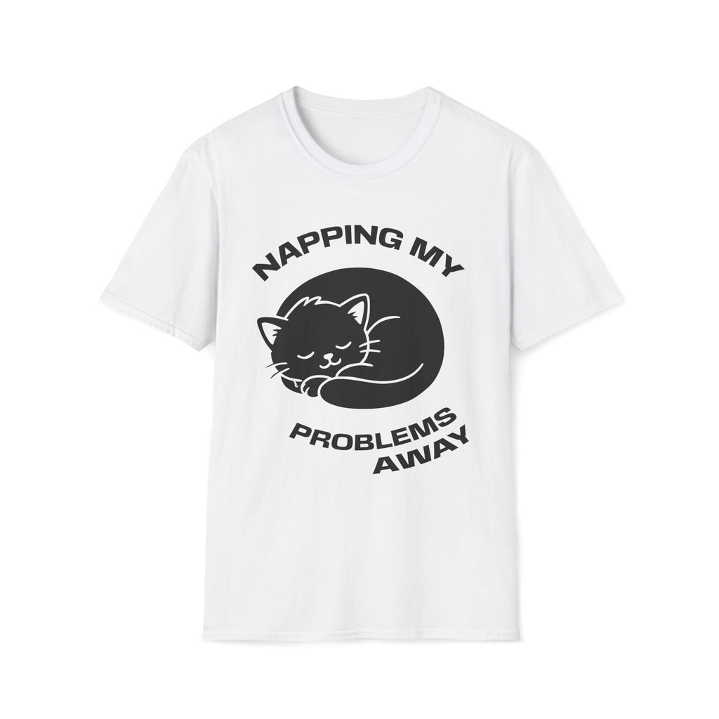 T-Shirt — 'NAPPING MY PROBLEMS AWAY' Tired Cat Graphic Tee (Tired jokes)