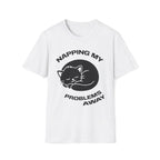 T-Shirt — 'NAPPING MY PROBLEMS AWAY' Tired Cat Graphic Tee (Tired jokes)