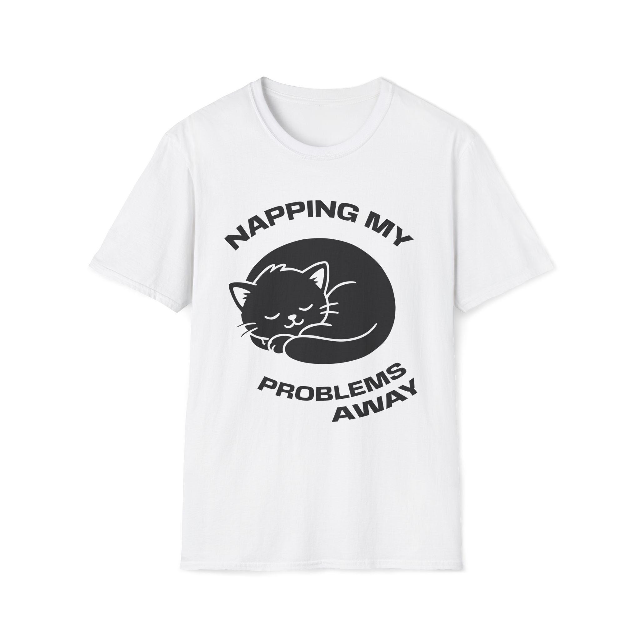 T-Shirt — 'NAPPING MY PROBLEMS AWAY' Tired Cat Graphic Tee (Tired jokes)
