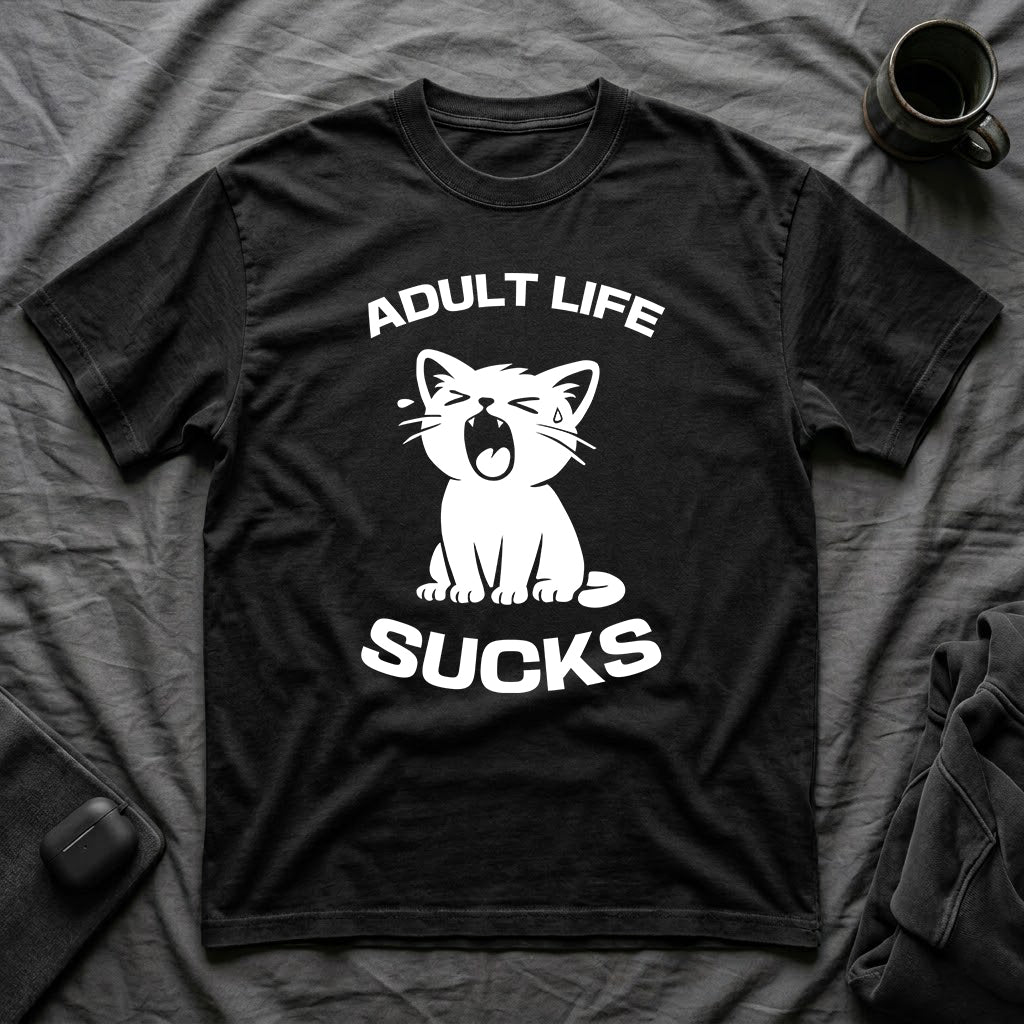 T-Shirt — 'Adult Life Sucks ' Tired Cat Graphic Tee (Tired jokes)