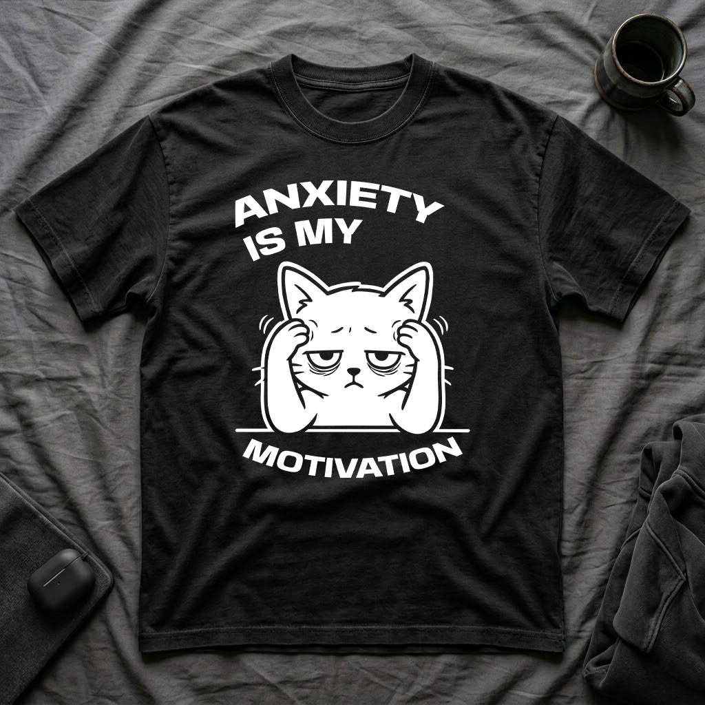 T-Shirt — 'ANXIETY IS MY MOTIVATION' Tired Cat Graphic Tee (Tired jokes)