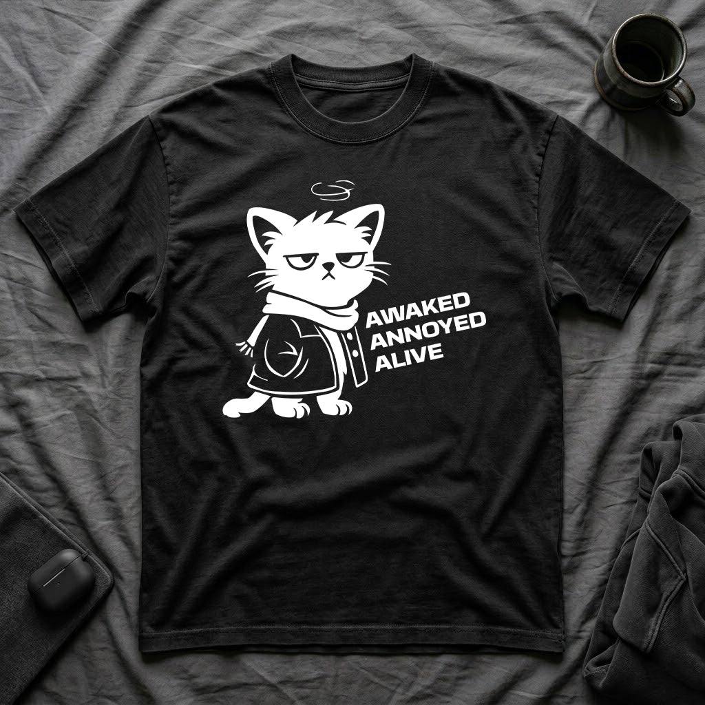 T-Shirt — 'AWAKED ANNOYED ALIVE' Tired Cat Graphic Tee (Tired jokes)