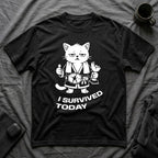 T-Shirt — 'I SURVIVED TODAY' Tired Cat Graphic Tee (Tired jokes)
