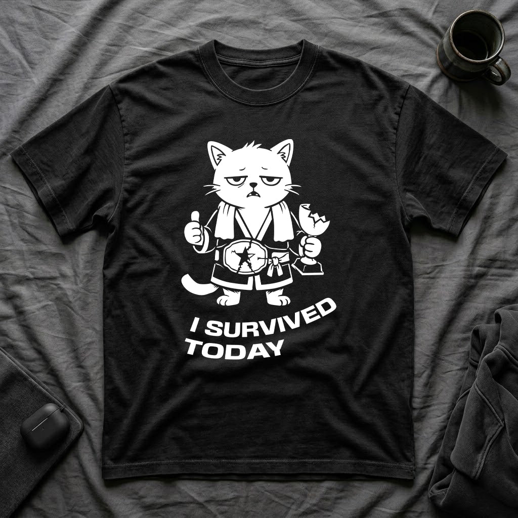 T-Shirt — 'I SURVIVED TODAY' Tired Cat Graphic Tee (Tired jokes)