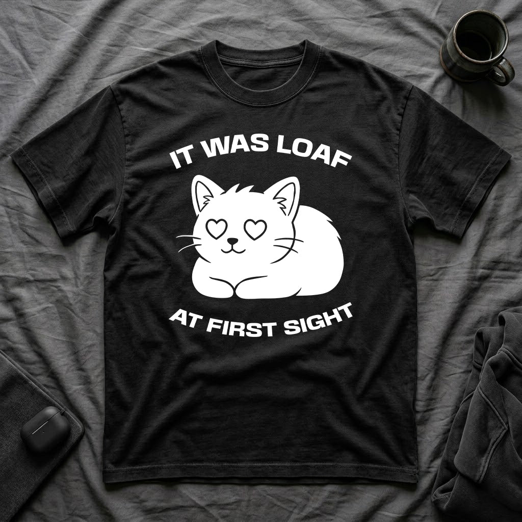 T-Shirt — 'IT WAS LOAF AT FIRST SIGHT' Tired Cat Graphic Tee (Tired jokes)