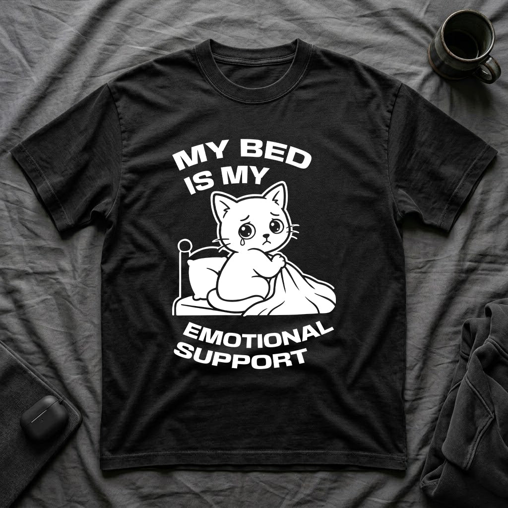 T-Shirt — 'MY BED IS MY EMOTIONAL SUPPORT' Tired Cat Graphic Tee (Tired jokes)