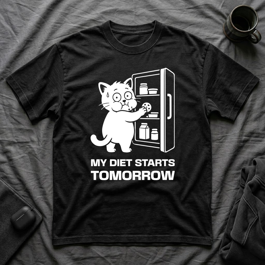 T-Shirt — 'My Diet Starts Tomorrow' Tired Cat Graphic Tee (Tired jokes)