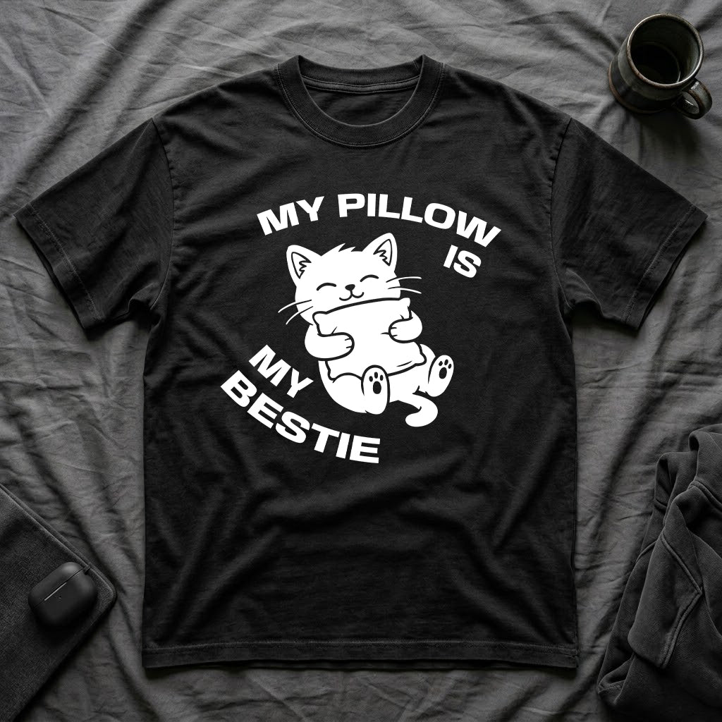 T-Shirt — 'My Pillow Is My Bestie' Tired Cat Graphic Tee (Tired jokes)
