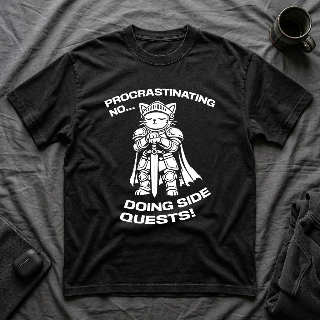 T-Shirt — 'PROCRASTINATING NO...DOING SIDE QUESTS!' Tired Cat Graphic Tee (Tired jokes)