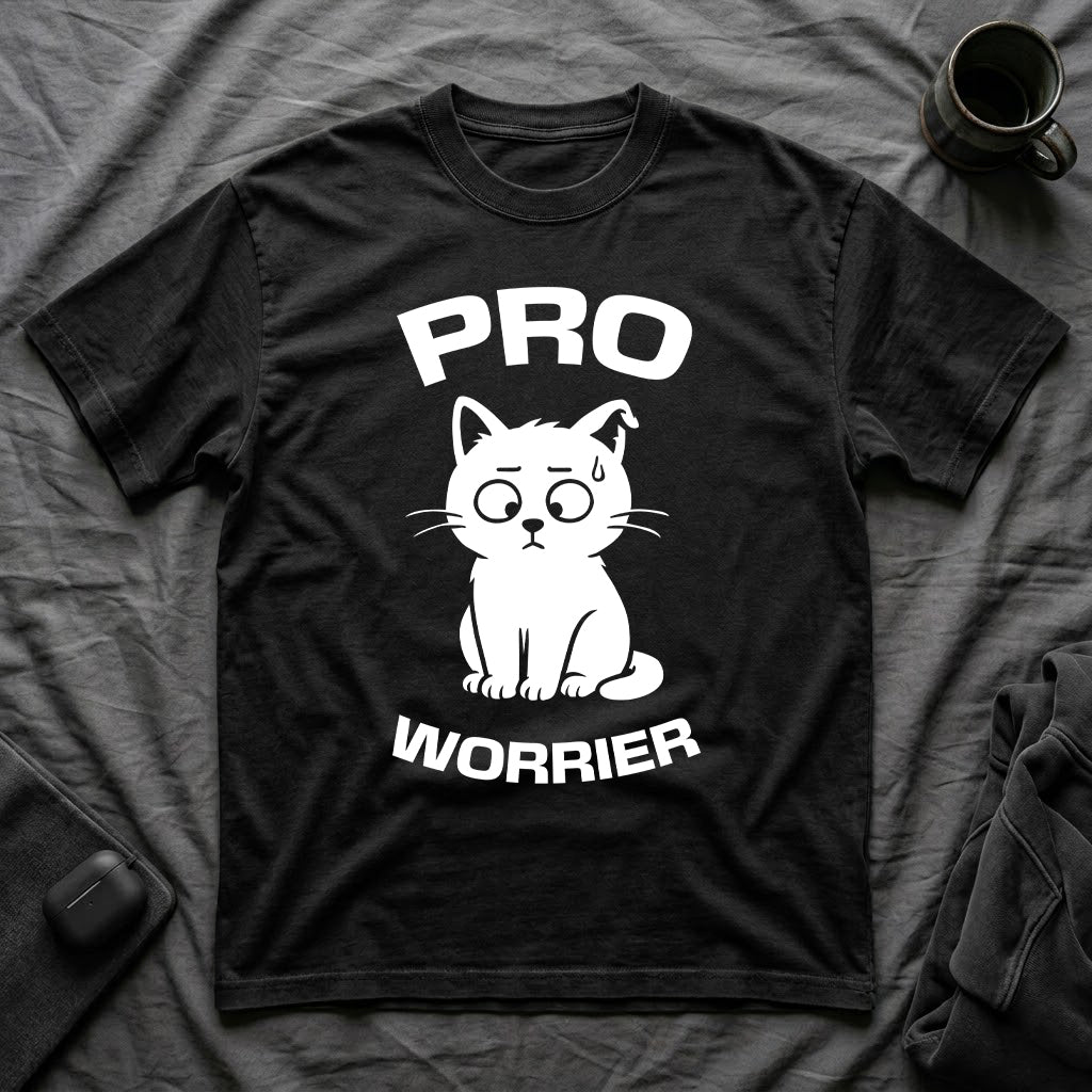 T-Shirt — 'Pro Worrier' Tired Cat Graphic Tee (Tired jokes)