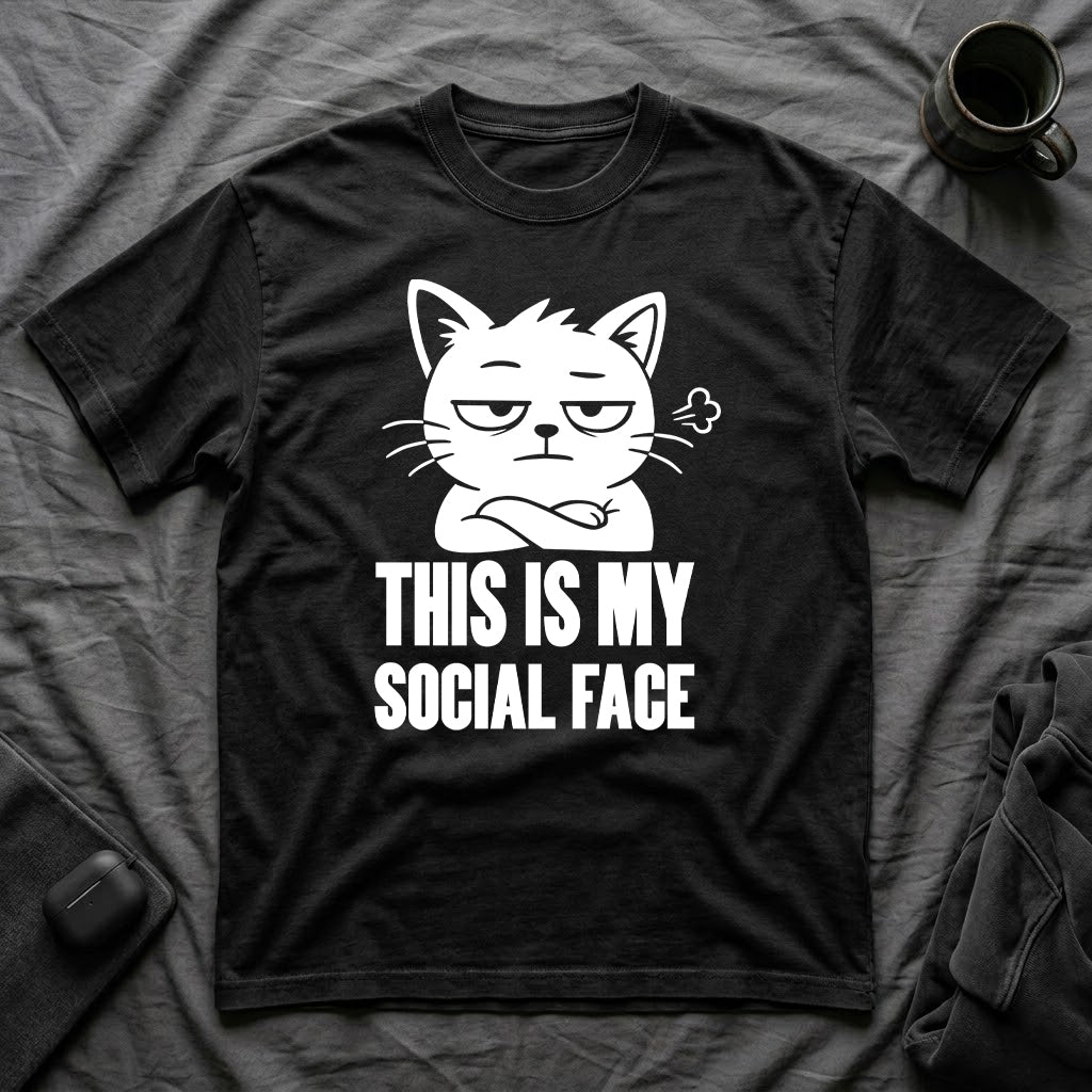 T-Shirt — 'This Is My Social Face' Tired Cat Graphic Tee (Tired jokes)