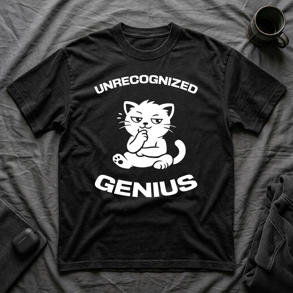 T-Shirt — 'Unrecognized Genius' Tired Cat Graphic Tee (Tired jokes)