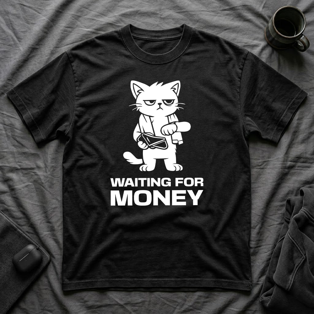 T-Shirt — 'WAITING FOR MONEY' Tired Cat Graphic Tee (Tired jokes)