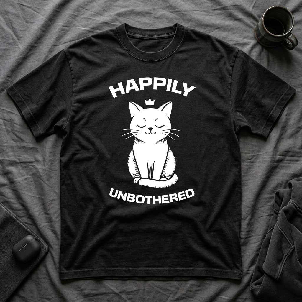 T-Shirt — 'Happily Unbothered' Tired Cat Graphic Tee (Tired jokes)