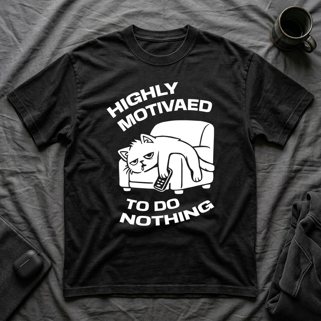 T-Shirt — 'HIGHLY MOTIVATED TO DO NOTHING' Tired Cat Graphic Tee (Tired jokes)