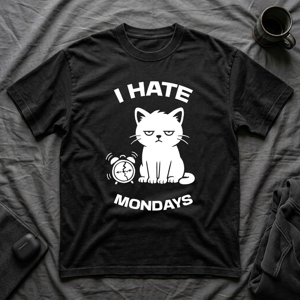 T-Shirt — 'I HATE MONDAYS ' Tired Cat Graphic Tee (Tired jokes)