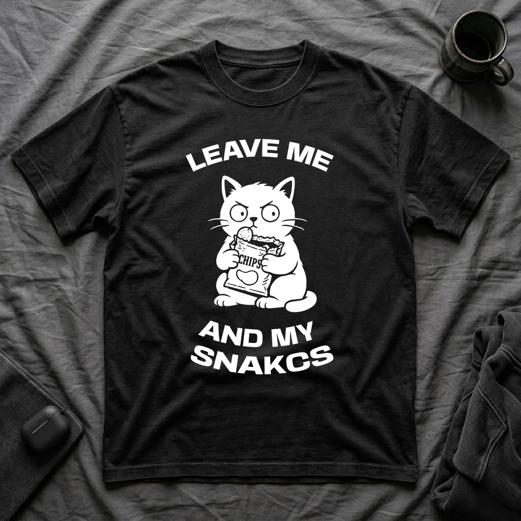 T-Shirt — 'LEAVE ME AND MY SNACKS' Tired Cat Graphic Tee (Tired jokes)