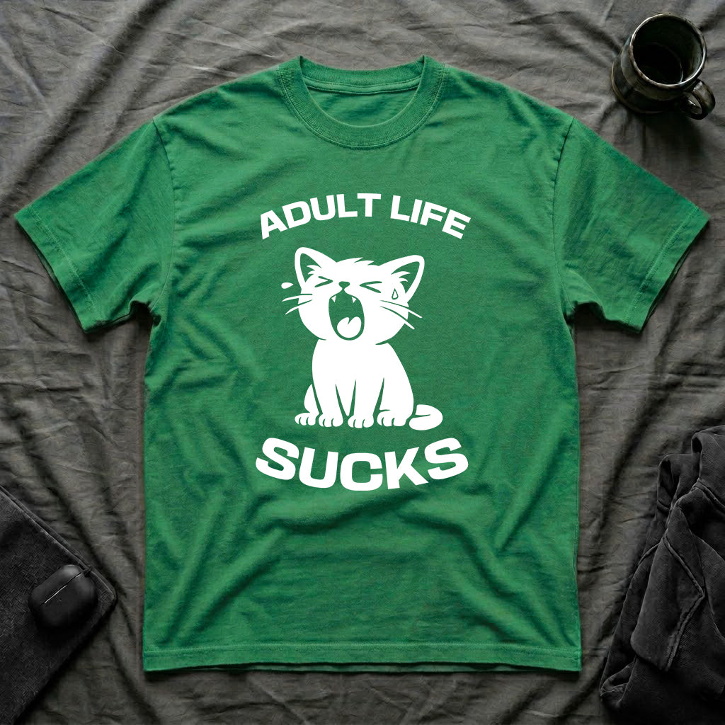 T-Shirt — 'Adult Life Sucks ' Tired Cat Graphic Tee (Tired jokes)