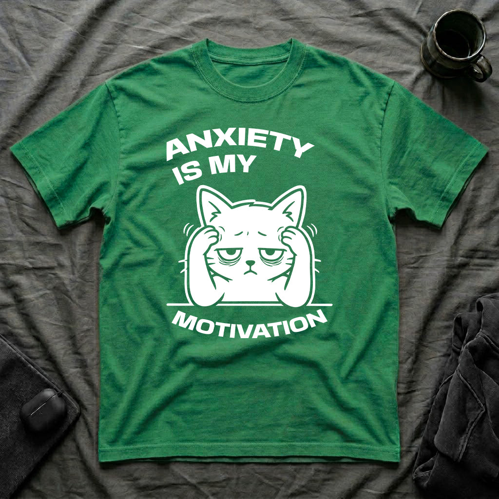 T-Shirt — 'ANXIETY IS MY MOTIVATION' Tired Cat Graphic Tee (Tired jokes)