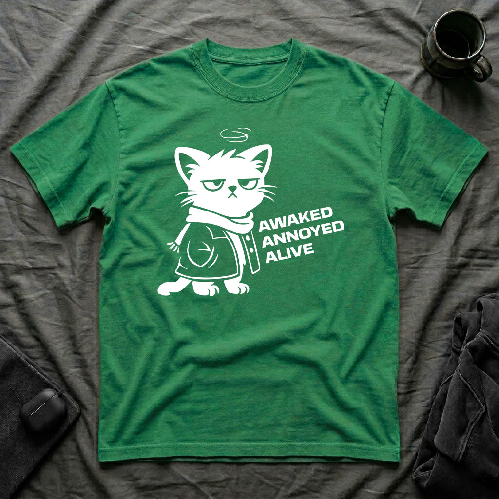 T-Shirt — 'AWAKED ANNOYED ALIVE' Tired Cat Graphic Tee (Tired jokes)