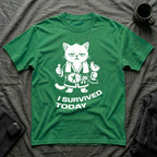 T-Shirt — 'I SURVIVED TODAY' Tired Cat Graphic Tee (Tired jokes)