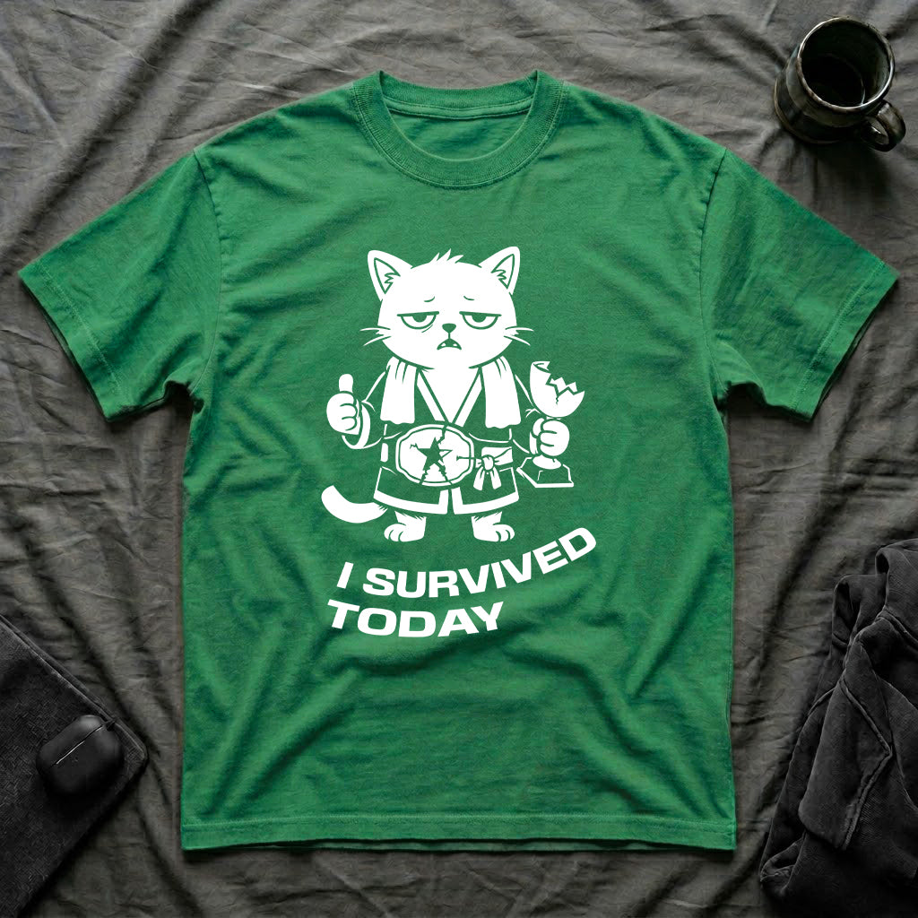 T-Shirt — 'I SURVIVED TODAY' Tired Cat Graphic Tee (Tired jokes)