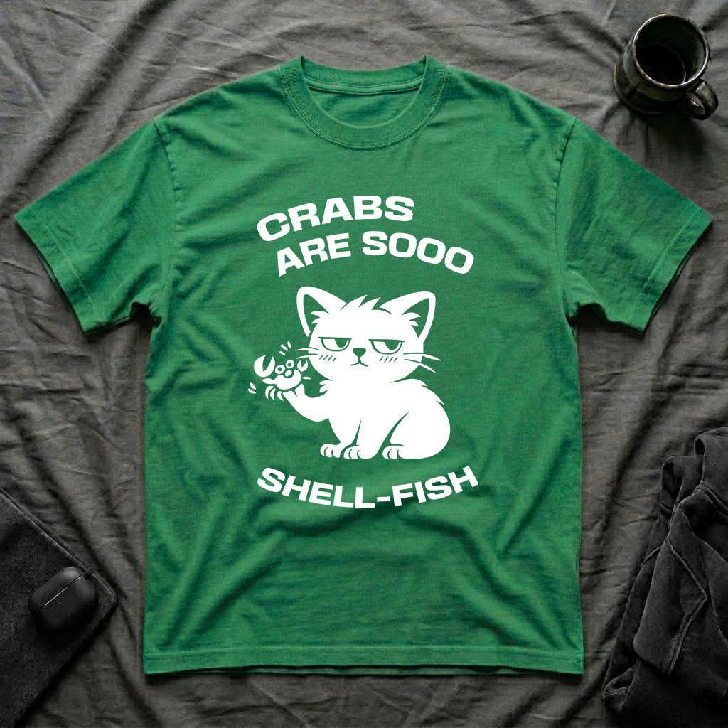 T-Shirt — 'CRABS ARE SO SHELL-FISH' Tired Cat Graphic Tee (Tired jokes)