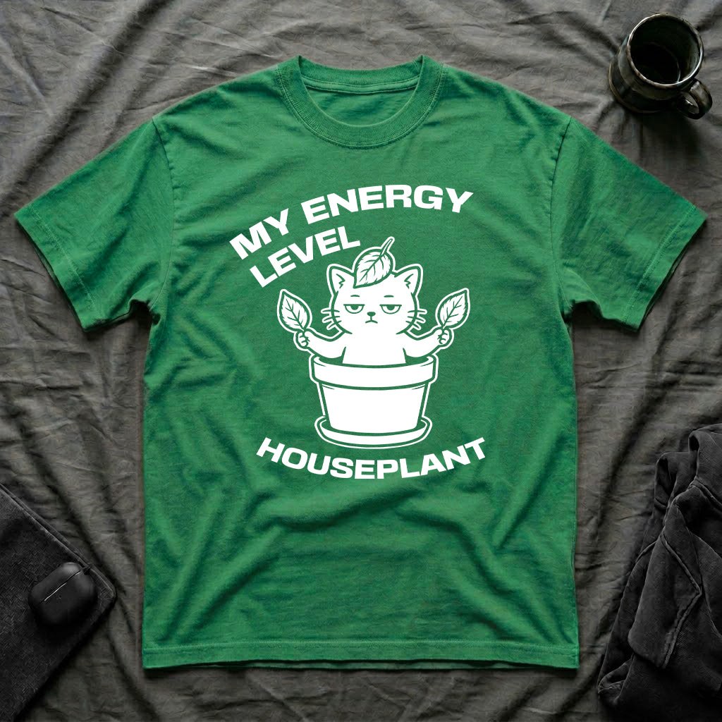 T-Shirt — 'ENERGY LEVEL HOUSEPLANT' Tired Cat Graphic Tee (Tired jokes)