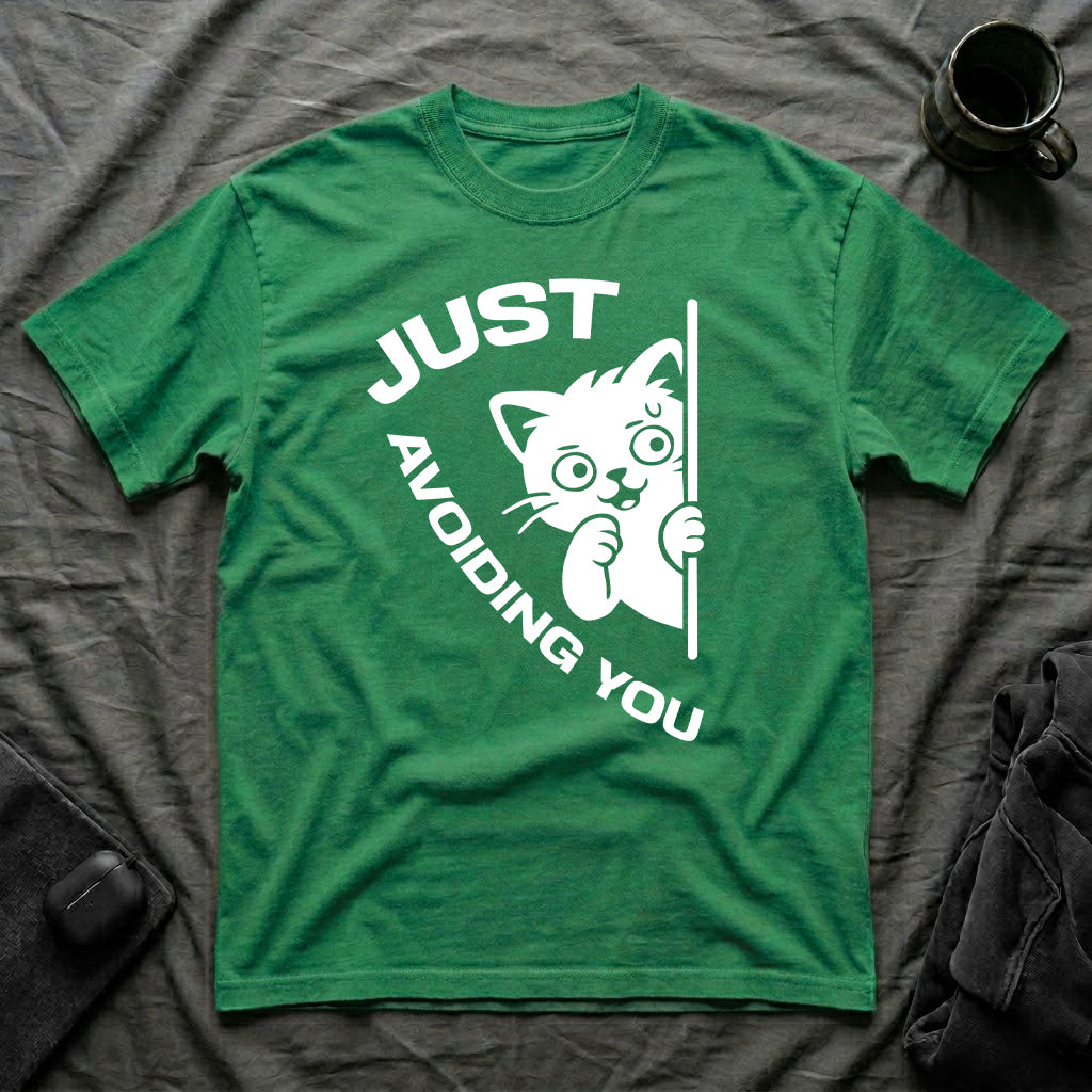 T-Shirt — 'Just Avoiding You' Tired Cat Graphic Tee (Tired jokes)