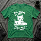 T-Shirt — 'MY BED IS MY EMOTIONAL SUPPORT' Tired Cat Graphic Tee (Tired jokes)