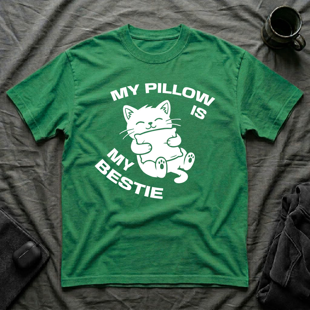 T-Shirt — 'My Pillow Is My Bestie' Tired Cat Graphic Tee (Tired jokes)