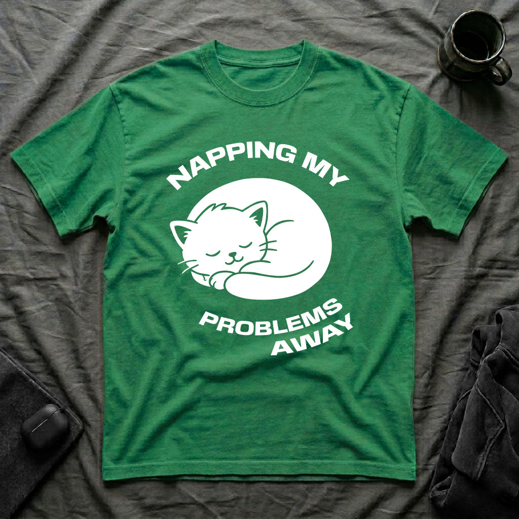 T-Shirt — 'NAPPING MY PROBLEMS AWAY' Tired Cat Graphic Tee (Tired jokes)