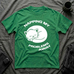T-Shirt — 'NAPPING MY PROBLEMS AWAY' Tired Cat Graphic Tee (Tired jokes)