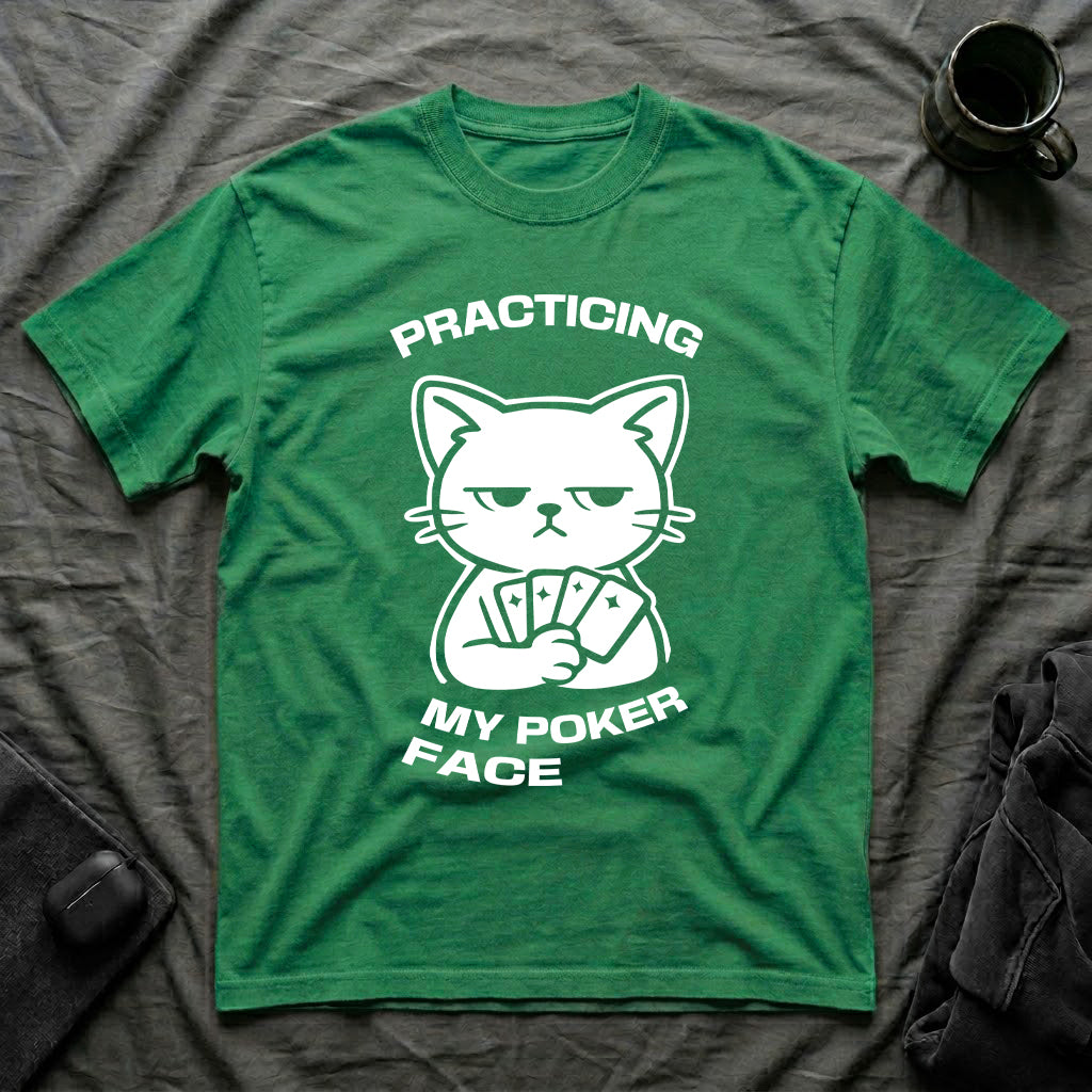 T-Shirt — 'PRACTICING MY POKER FACE' Tired Cat Graphic Tee (Tired jokes)