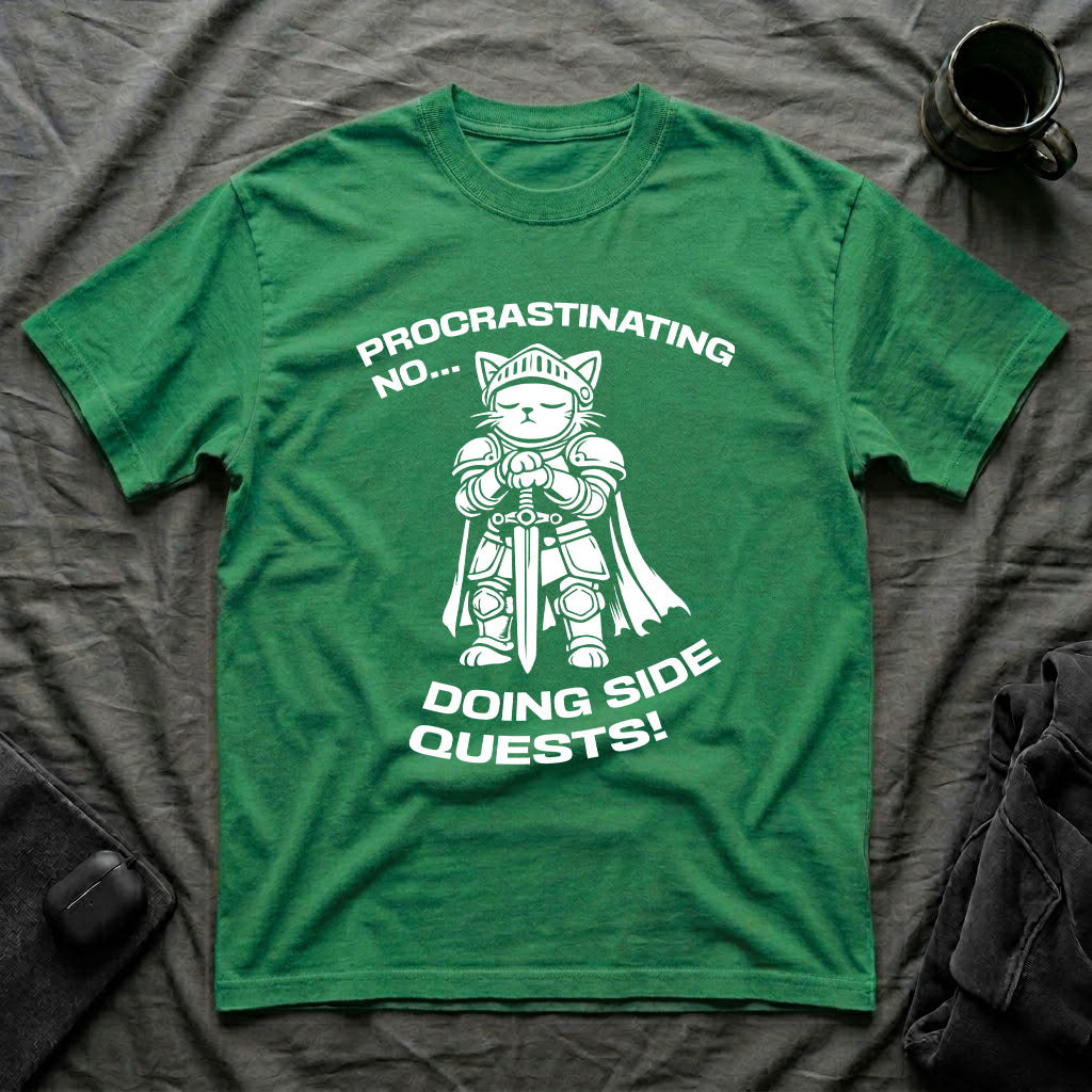 T-Shirt — 'PROCRASTINATING NO...DOING SIDE QUESTS!' Tired Cat Graphic Tee (Tired jokes)